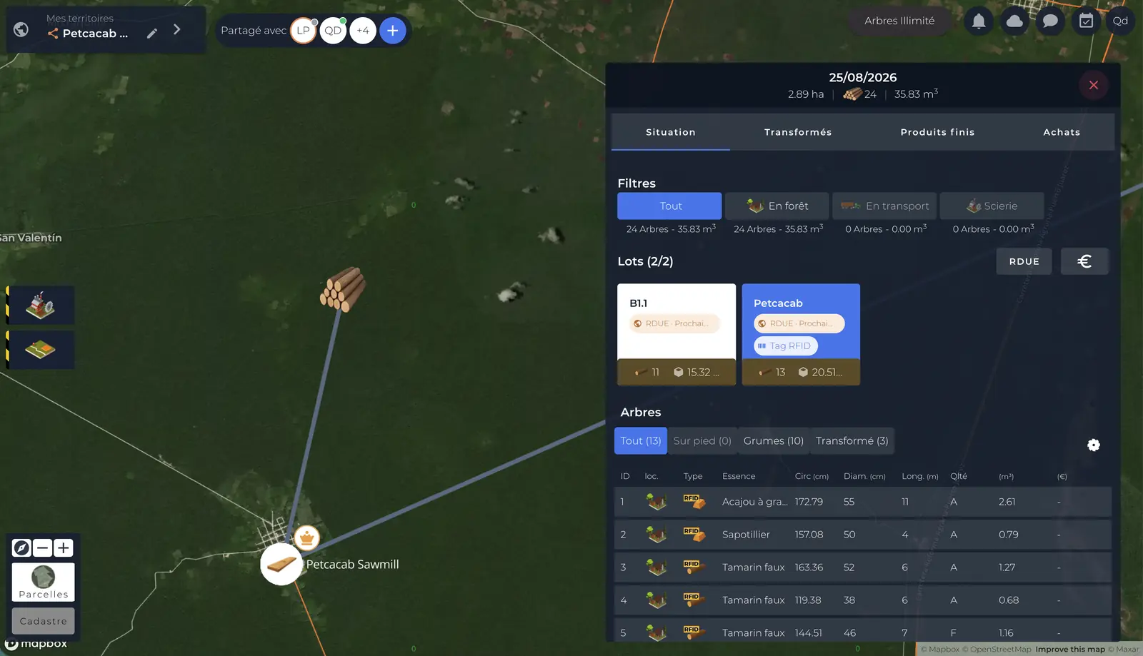 Timbtrack — vue territoire et parcelles